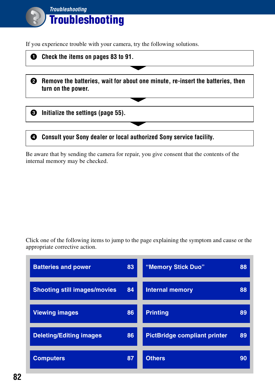 Troubleshooting | Sony DSC-S730 User Manual | Page 82 / 100