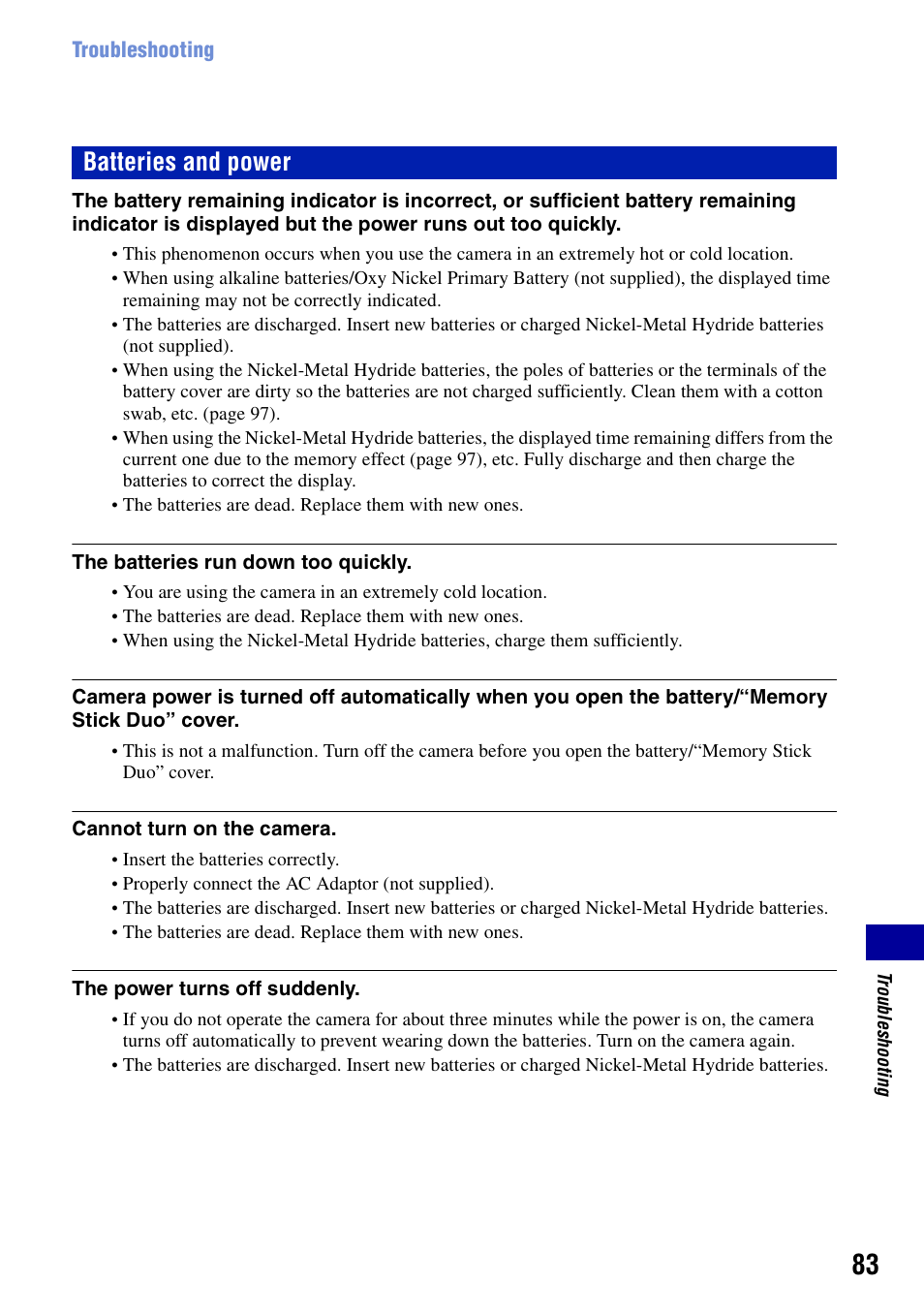S 83 t, Batteries and power | Sony DSC-S730 User Manual | Page 83 / 100