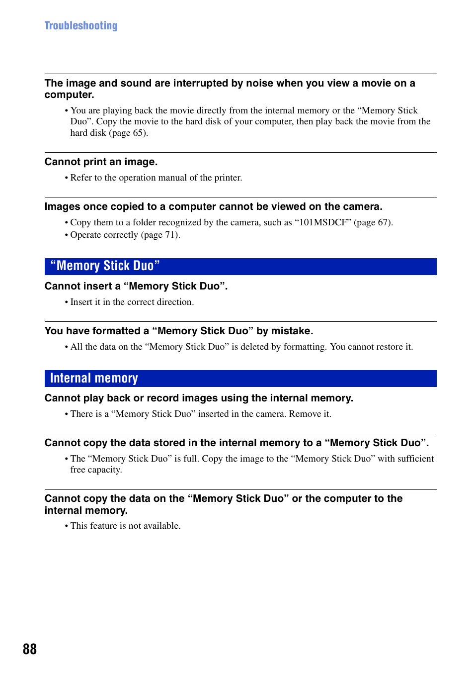 Memory stick duo, Internal memory | Sony DSC-S730 User Manual | Page 88 / 100