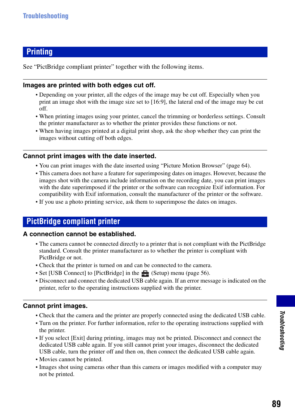 Printing, Pictbridge compliant printer, Printing pictbridge compliant printer | Sony DSC-S730 User Manual | Page 89 / 100