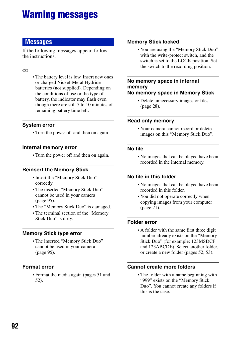 Warning messages, Messages | Sony DSC-S730 User Manual | Page 92 / 100