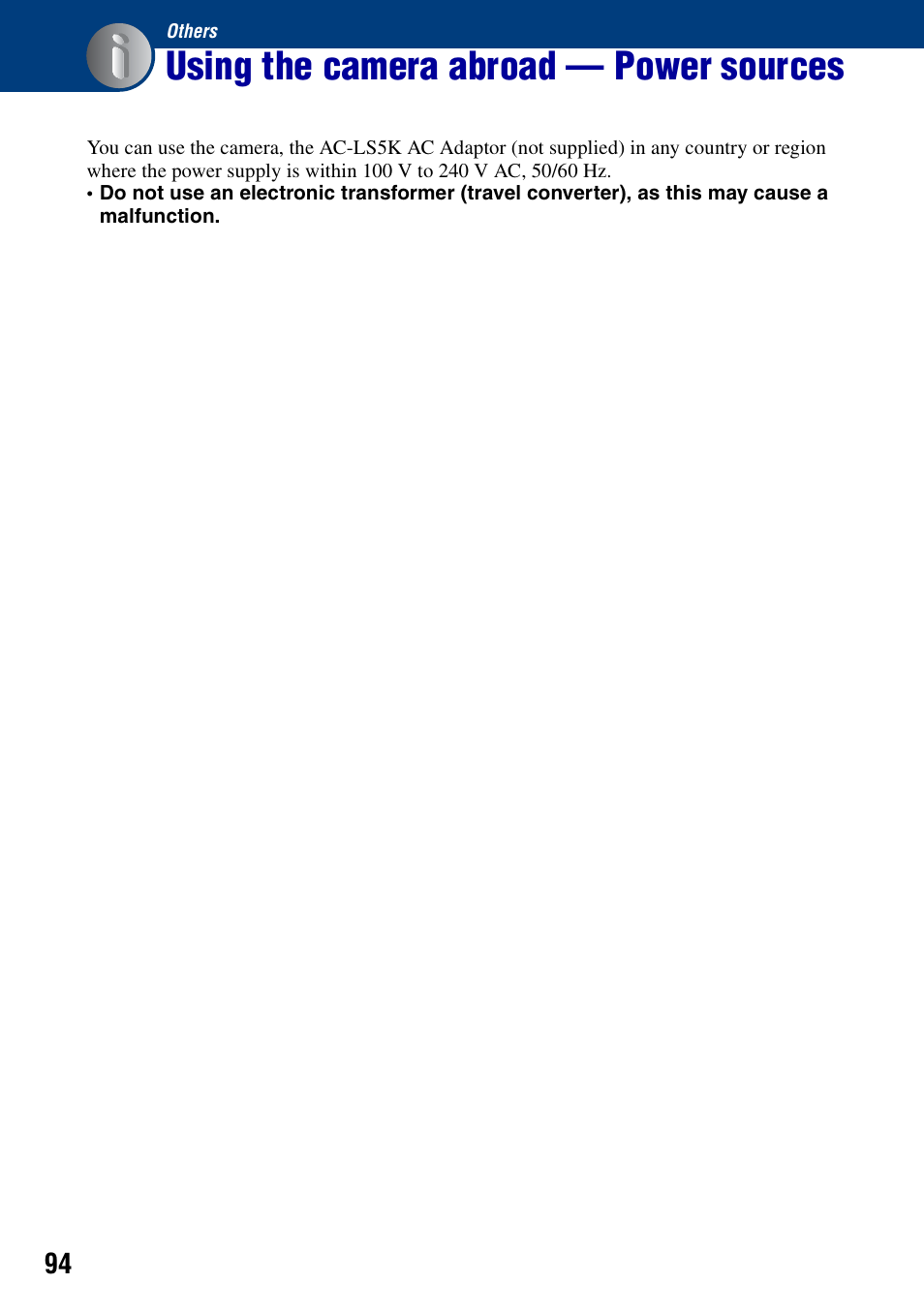 Others, Using the camera abroad - power sources, Using the camera abroad — power sources | Sony DSC-S730 User Manual | Page 94 / 100