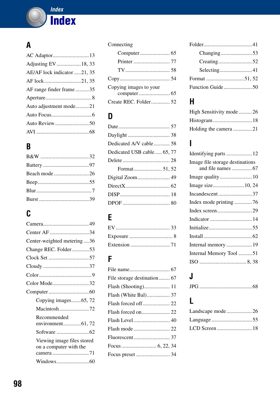 Index | Sony DSC-S730 User Manual | Page 98 / 100