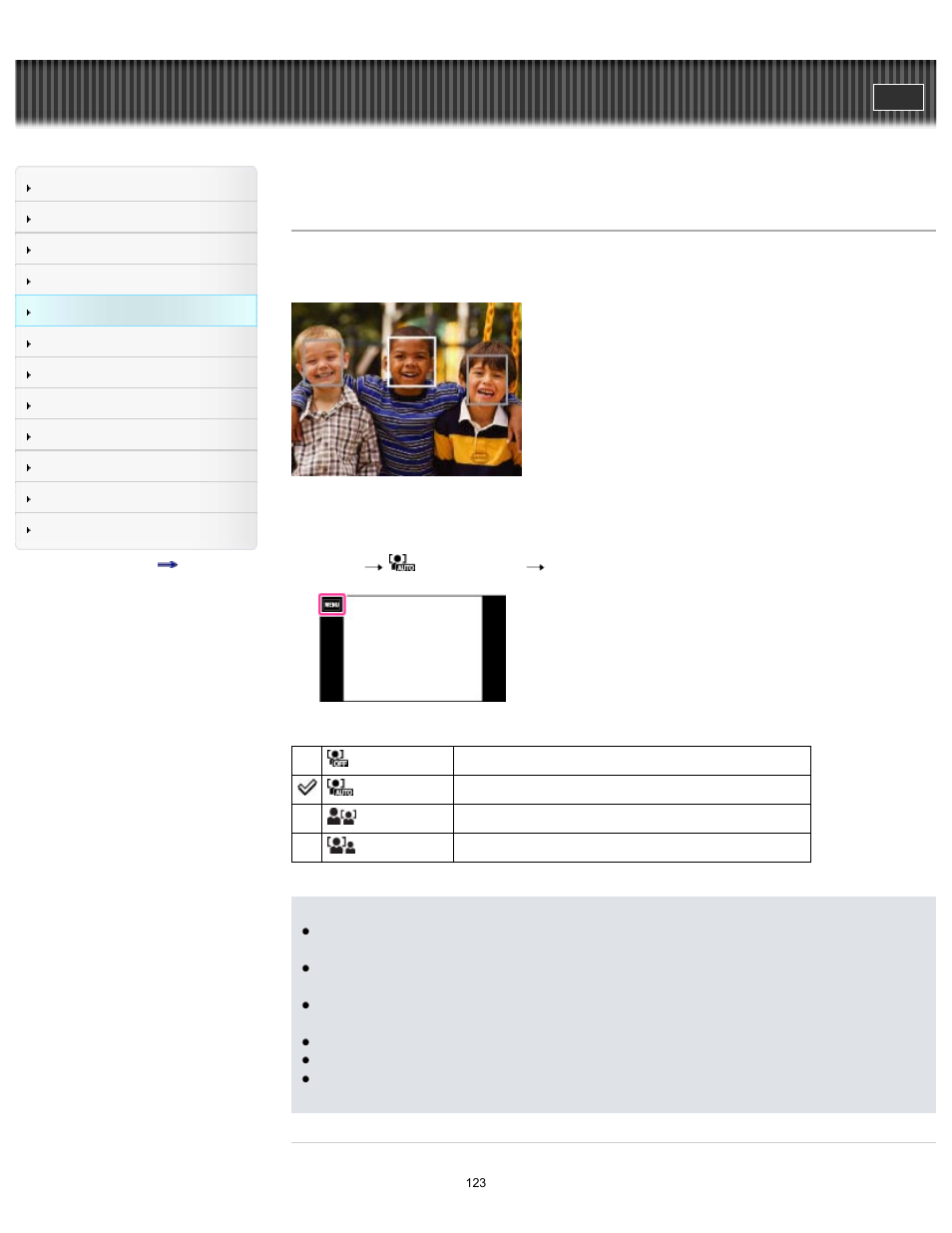 Face detection, Details, Cyber-shot user guide | Sony DSC-TX30 User Manual | Page 123 / 246