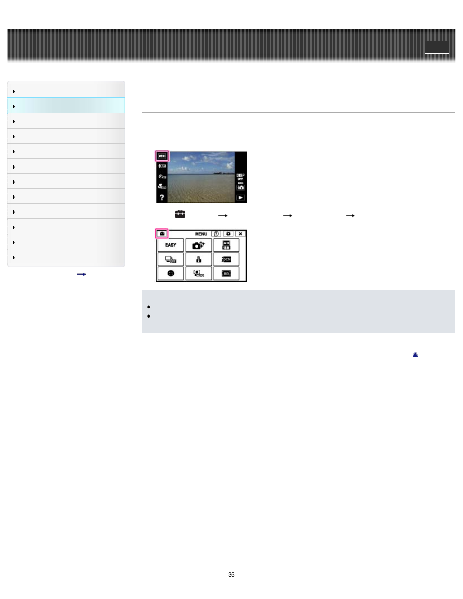 Changing camera settings, Cyber-shot user guide | Sony DSC-TX30 User Manual | Page 35 / 246
