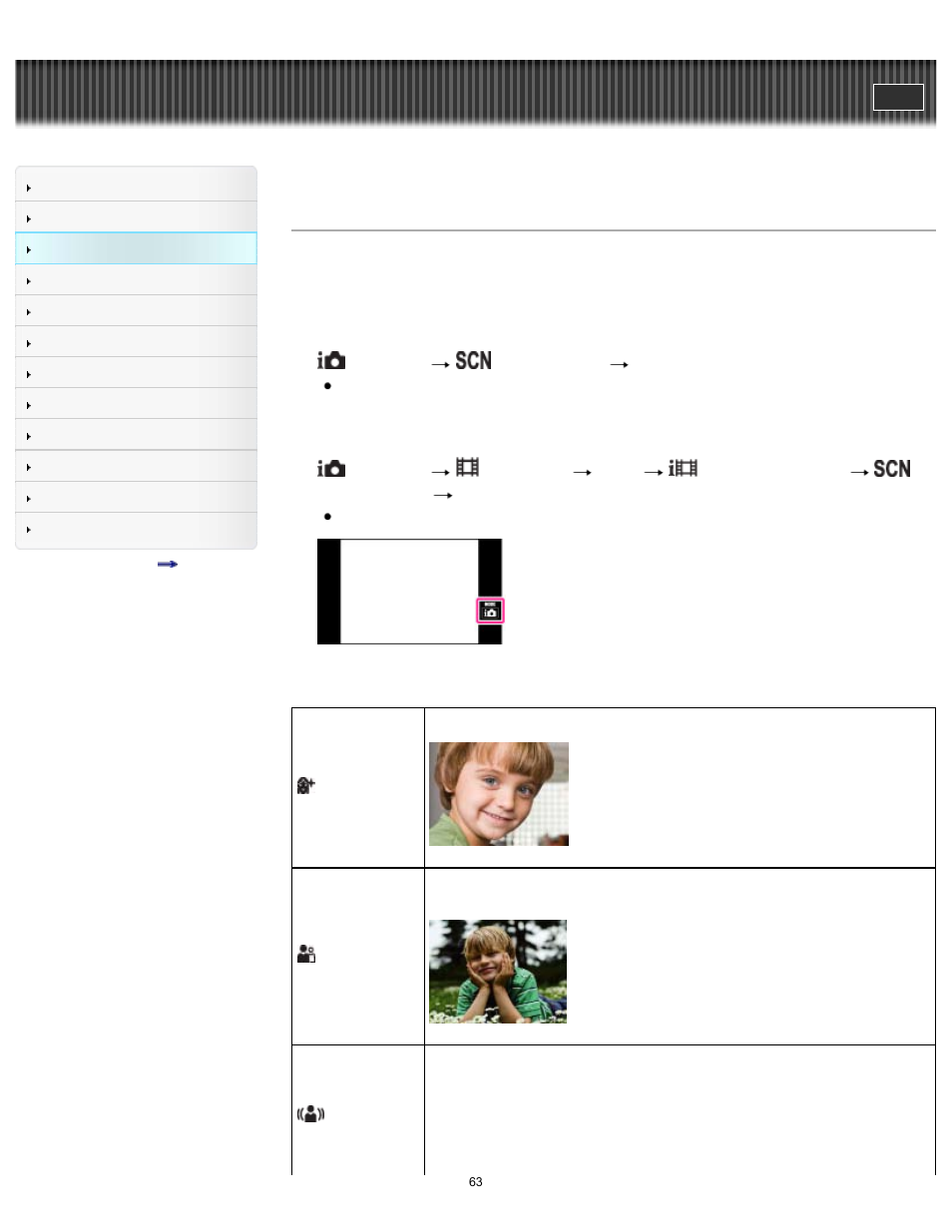 Scene selection, Details, Cyber-shot user guide | Sony DSC-TX30 User Manual | Page 63 / 246