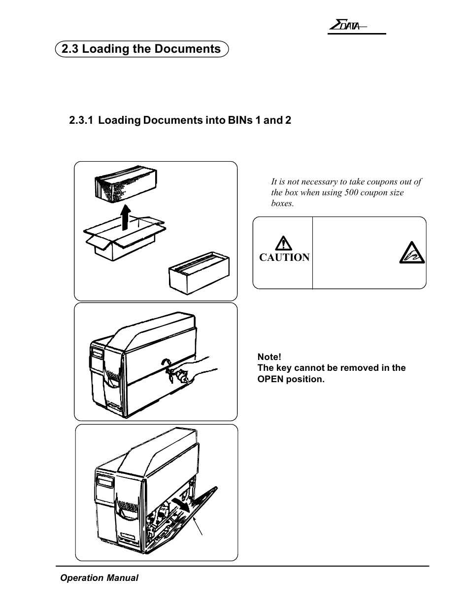 3 loading the documents, Caution, 1 loading documents into bins 1 and 2 | AMT Datasouth 7200 User Manual | Page 24 / 72