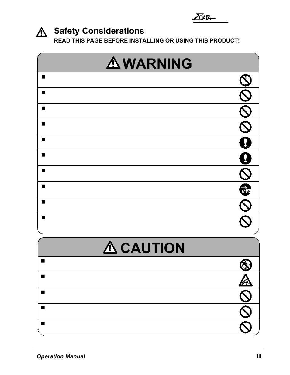 Warning caution, Safety considerations | AMT Datasouth 7200 User Manual | Page 6 / 72