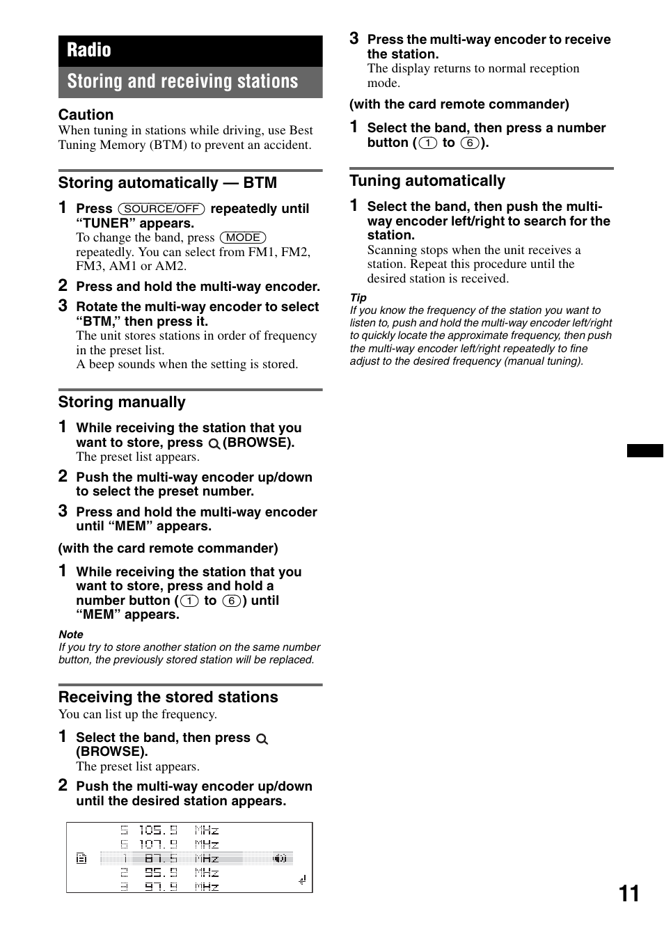 Radio, Storing and receiving stations, Storing automatically - btm | Storing manually, Receiving the stored stations, Tuning automatically, Radio storing and receiving stations | Sony DSX-S210X User Manual | Page 11 / 72