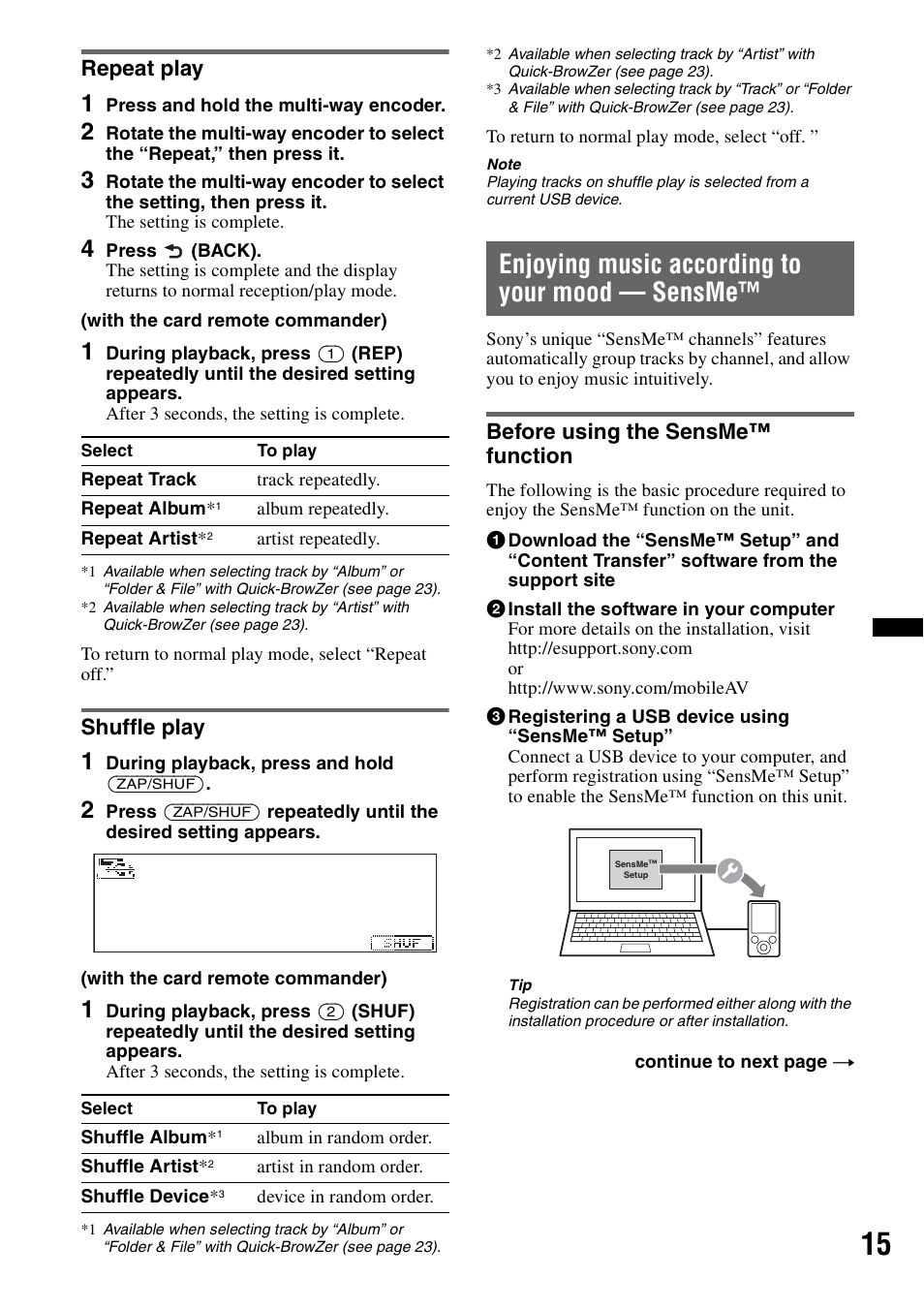 Repeat play, Shuffle play, Enjoying music according to your mood - sensme | Before using the sensme™ function, Repeat play shuffle play, Enjoying music according to your mood — sensme | Sony DSX-S210X User Manual | Page 15 / 72