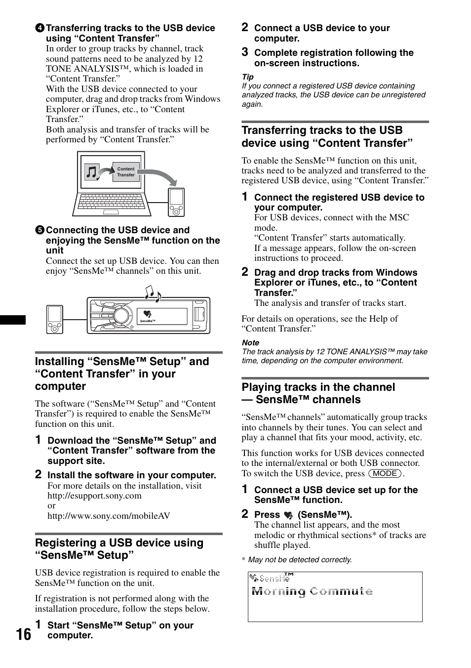 Registering a usb device using “sensme™ setup, Playing tracks in the channel - sensme™ channels | Sony DSX-S210X User Manual | Page 16 / 72