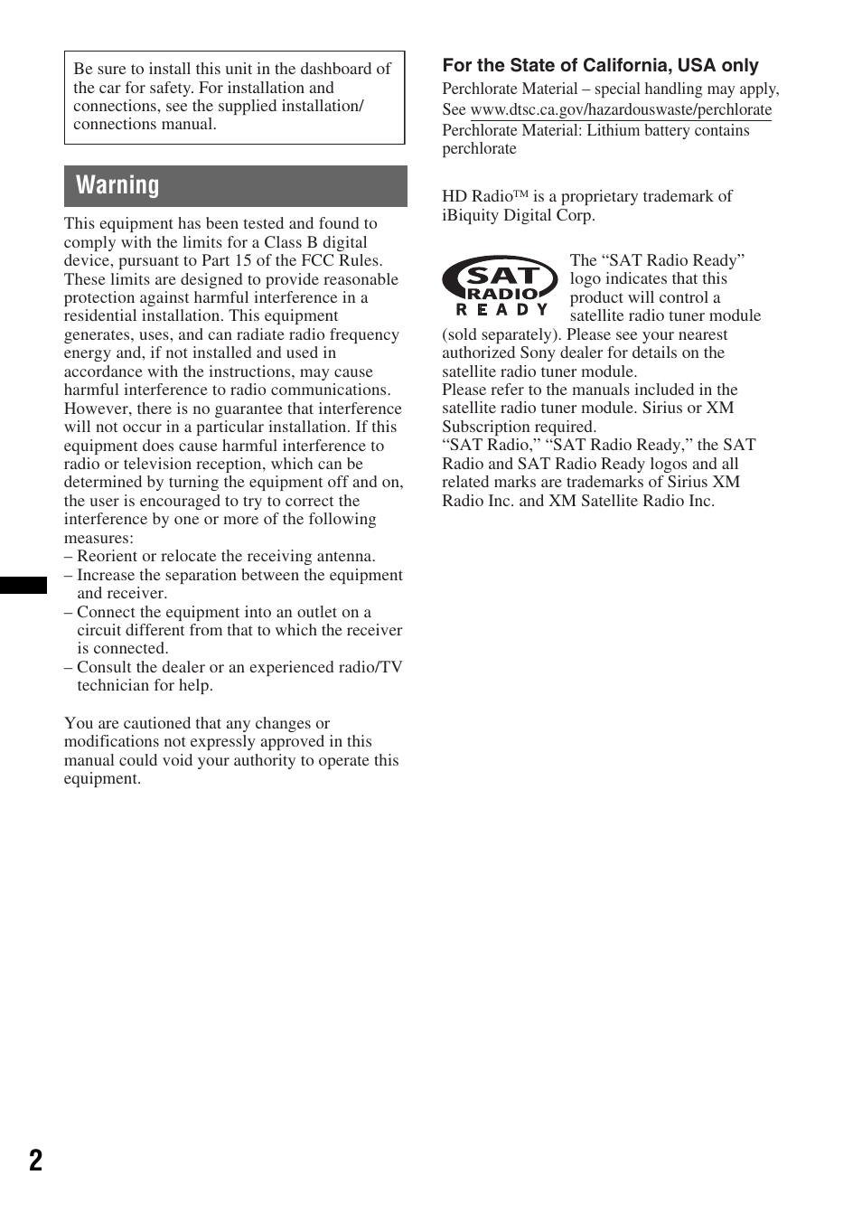 Warning | Sony DSX-S210X User Manual | Page 2 / 72