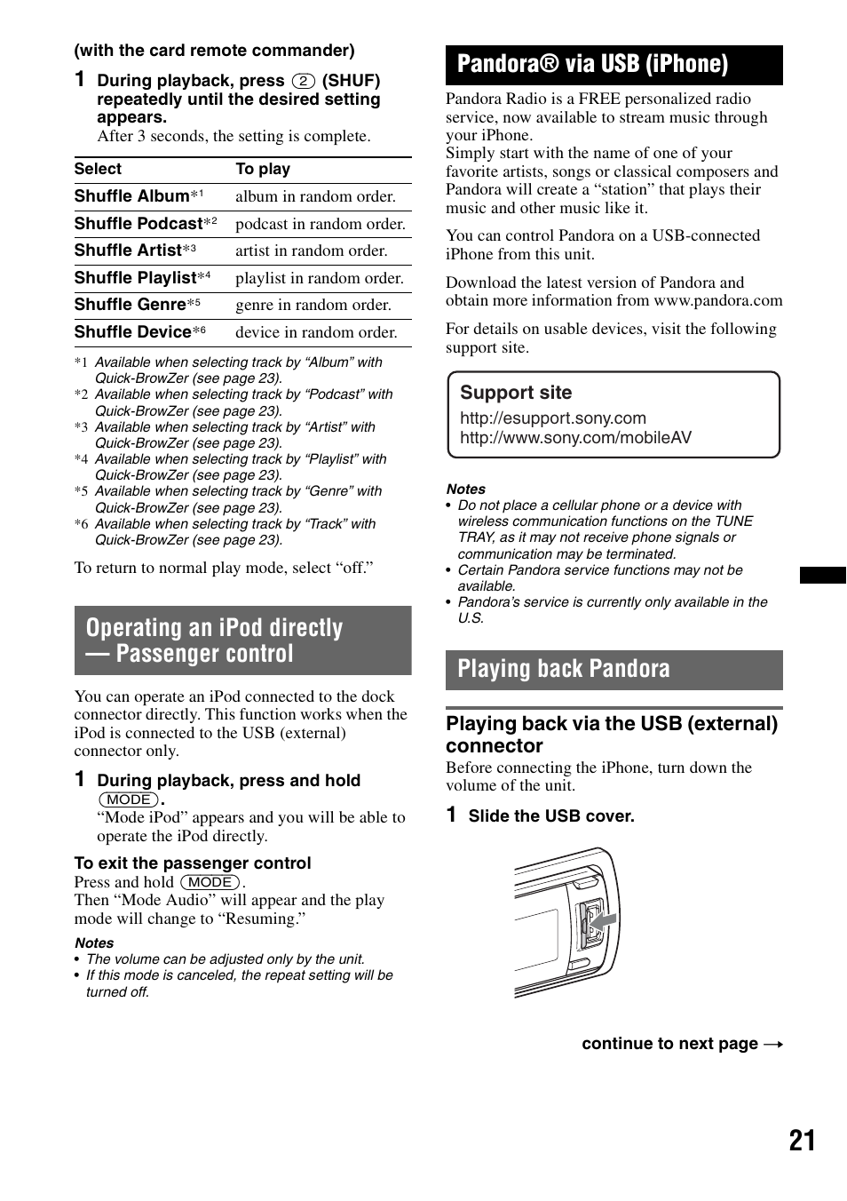Operating an ipod directly - passenger control, Pandora® via usb (iphone), Playing back pandora | Playing back via the usb (external) connector, Operating an ipod directly — passenger control | Sony DSX-S210X User Manual | Page 21 / 72