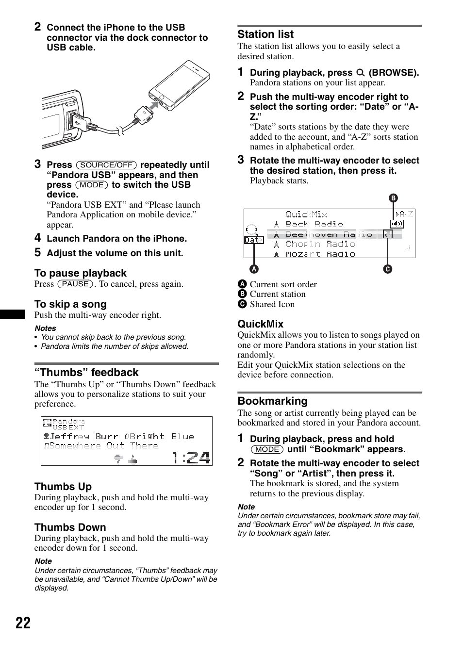 Thumbs” feedback, Station list, Bookmarking | Thumbs” feedback station list bookmarking | Sony DSX-S210X User Manual | Page 22 / 72