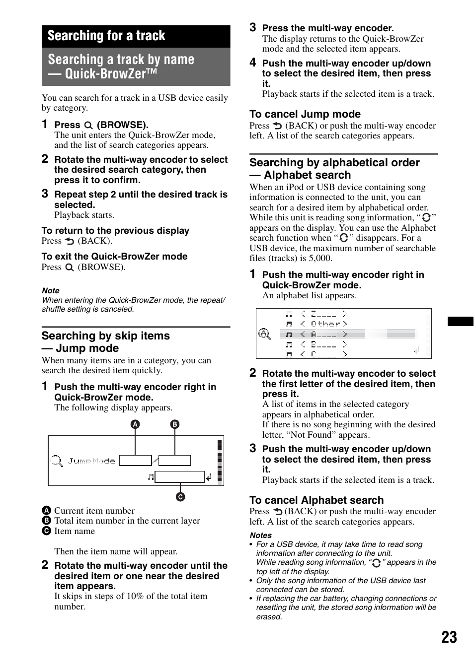 Searching for a track, Searching a track by name - quick-browzer, Searching by skip items - jump mode | Searching by alphabetical order - alphabet search, Searching a track by name — quick-browzer | Sony DSX-S210X User Manual | Page 23 / 72