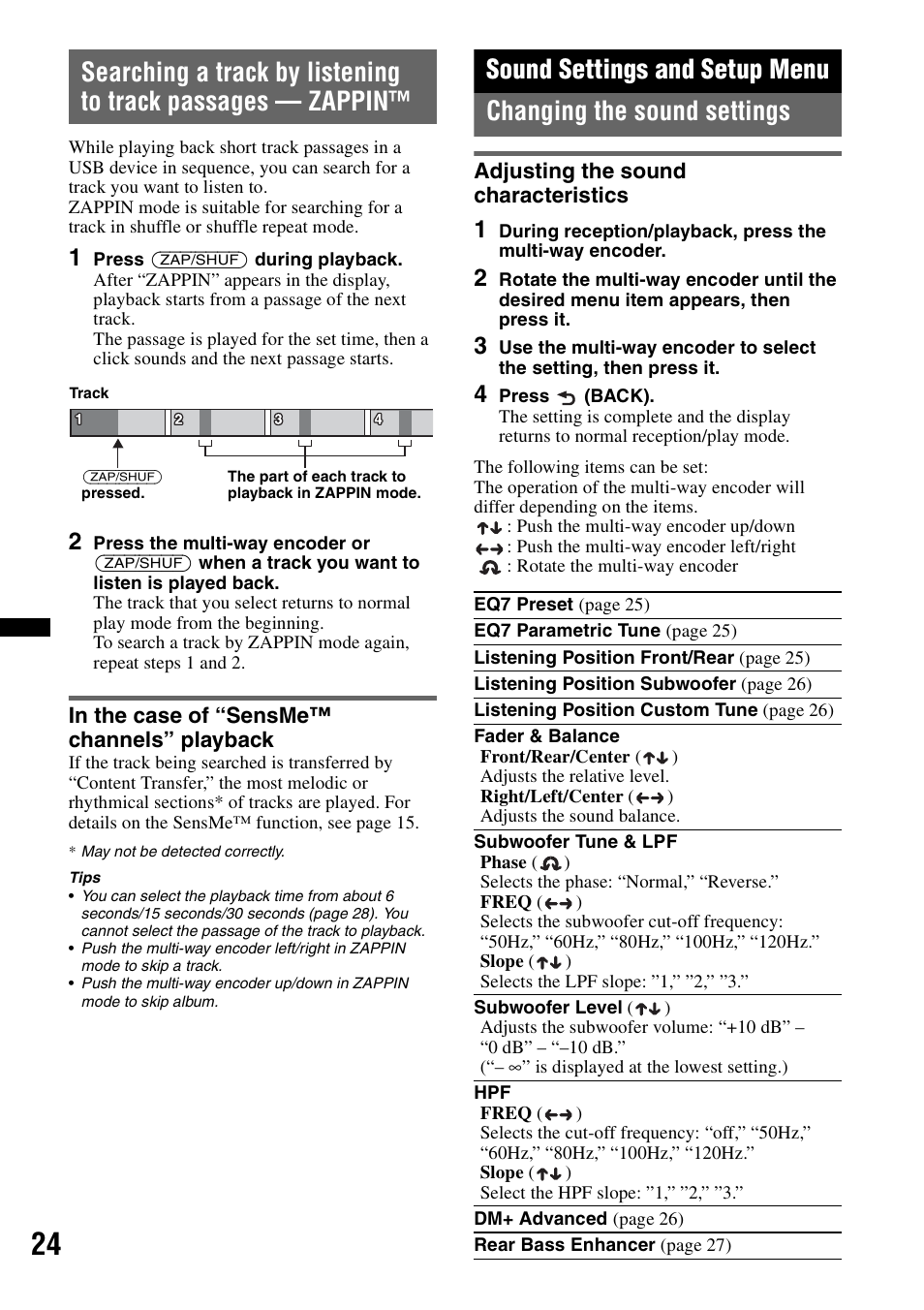 In the case of “sensme™ channels” playback, Sound settings and setup menu, Changing the sound settings | Adjusting the sound characteristics | Sony DSX-S210X User Manual | Page 24 / 72