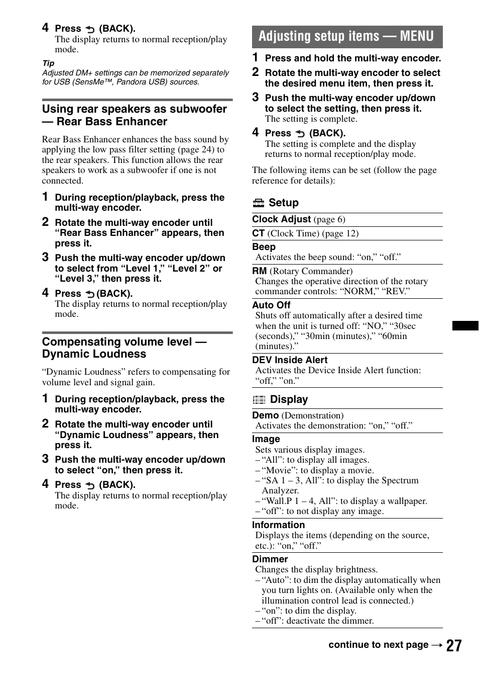 Compensating volume level - dynamic loudness, Adjusting setup items - menu, Adjusting setup items — menu | Sony DSX-S210X User Manual | Page 27 / 72