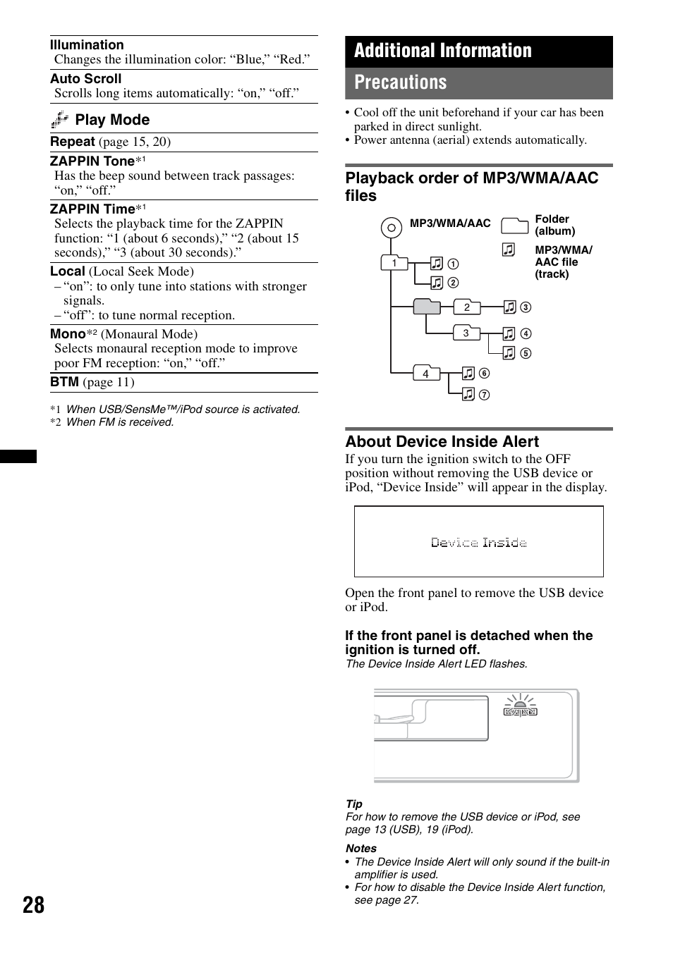 Additional information, Precautions, Playback order of mp3/wma/aac files | About device inside alert, Additional information precautions | Sony DSX-S210X User Manual | Page 28 / 72