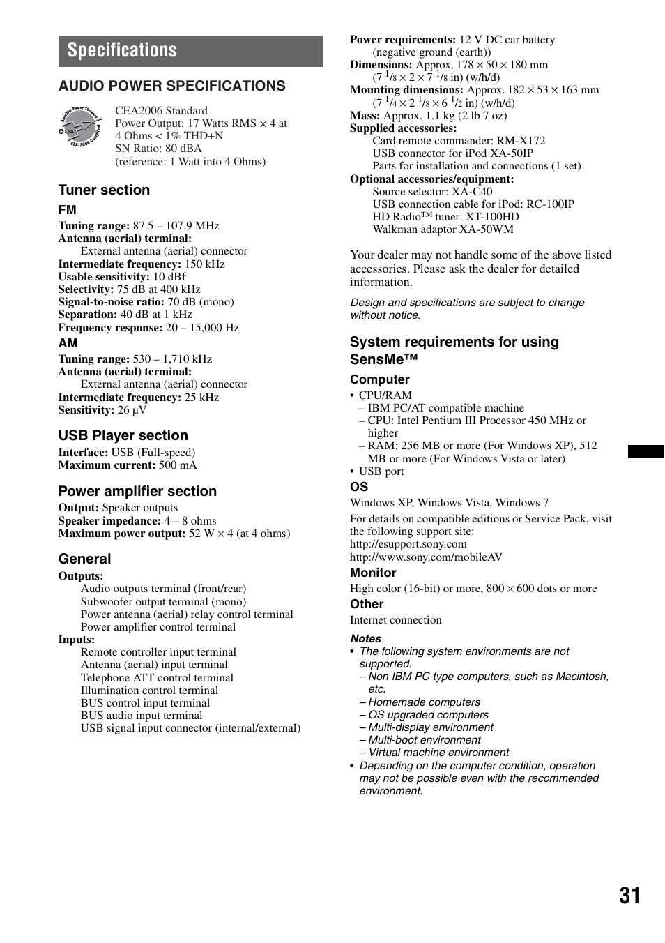 Specifications, General, System requirements for using sensme | Audio power specifications | Sony DSX-S210X User Manual | Page 31 / 72