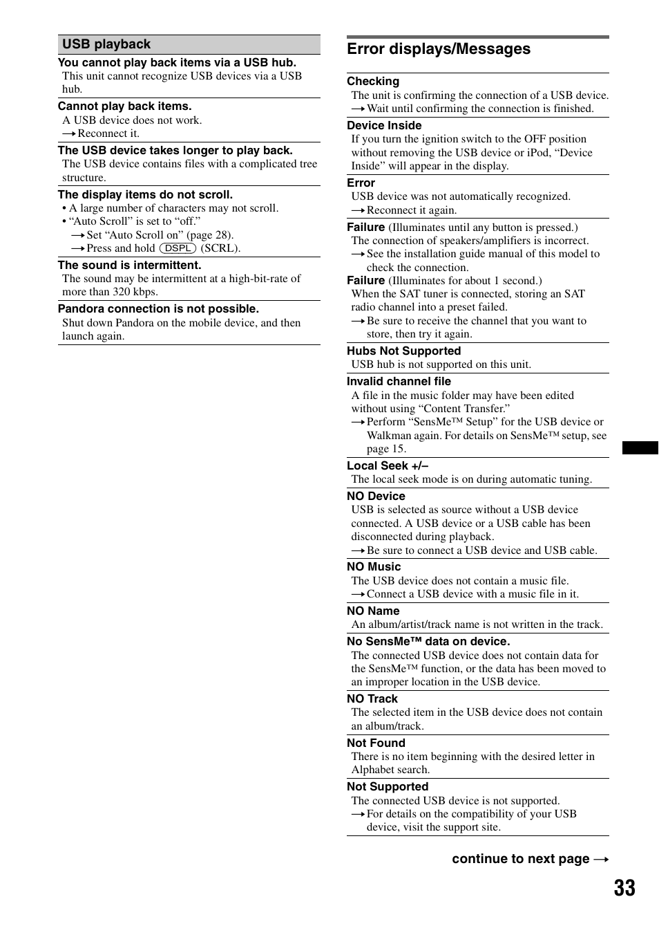 Error displays/messages | Sony DSX-S210X User Manual | Page 33 / 72