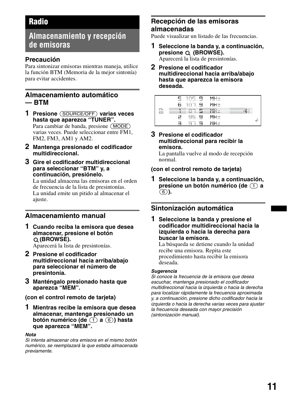 Radio, Almacenamiento y recepción de emisoras, Almacenamiento automático - btm | Almacenamiento manual, Recepción de las emisoras almacenadas, Sintonización automática, Radio almacenamiento y recepción de emisoras | Sony DSX-S210X User Manual | Page 45 / 72