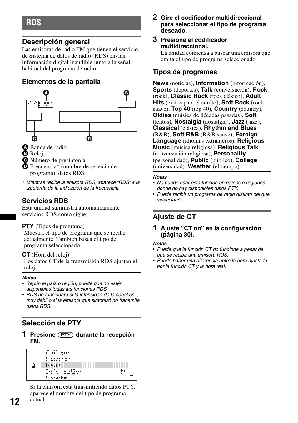 Descripción general, Selección de pty, Ajuste de ct | Descripción general selección de pty ajuste de ct | Sony DSX-S210X User Manual | Page 46 / 72