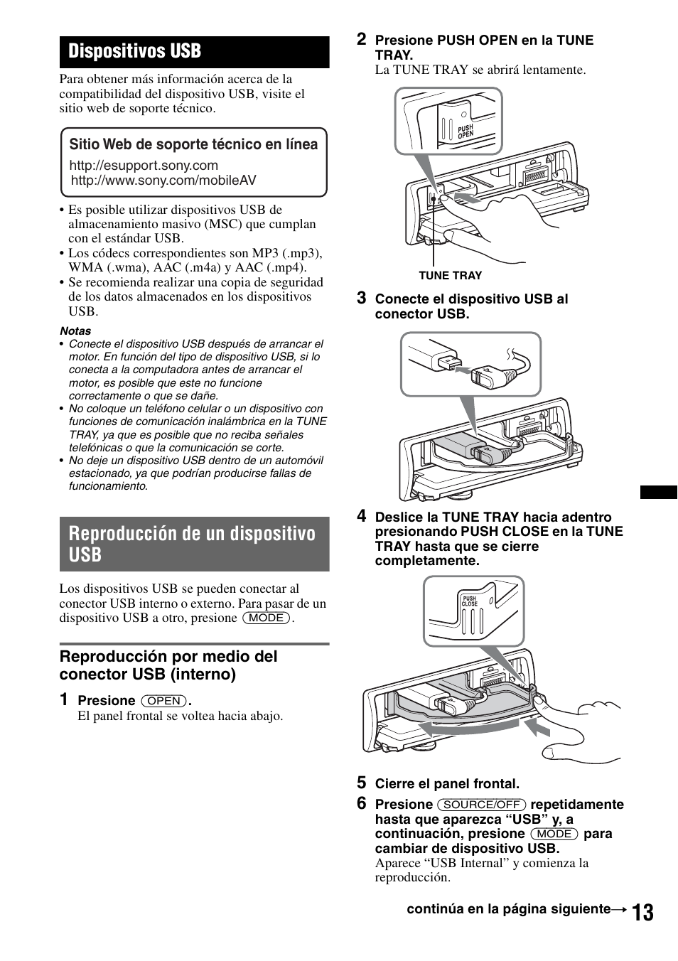 Dispositivos usb, Reproducción de un dispositivo usb, Reproducción por medio del conector usb (interno) | Sony DSX-S210X User Manual | Page 47 / 72