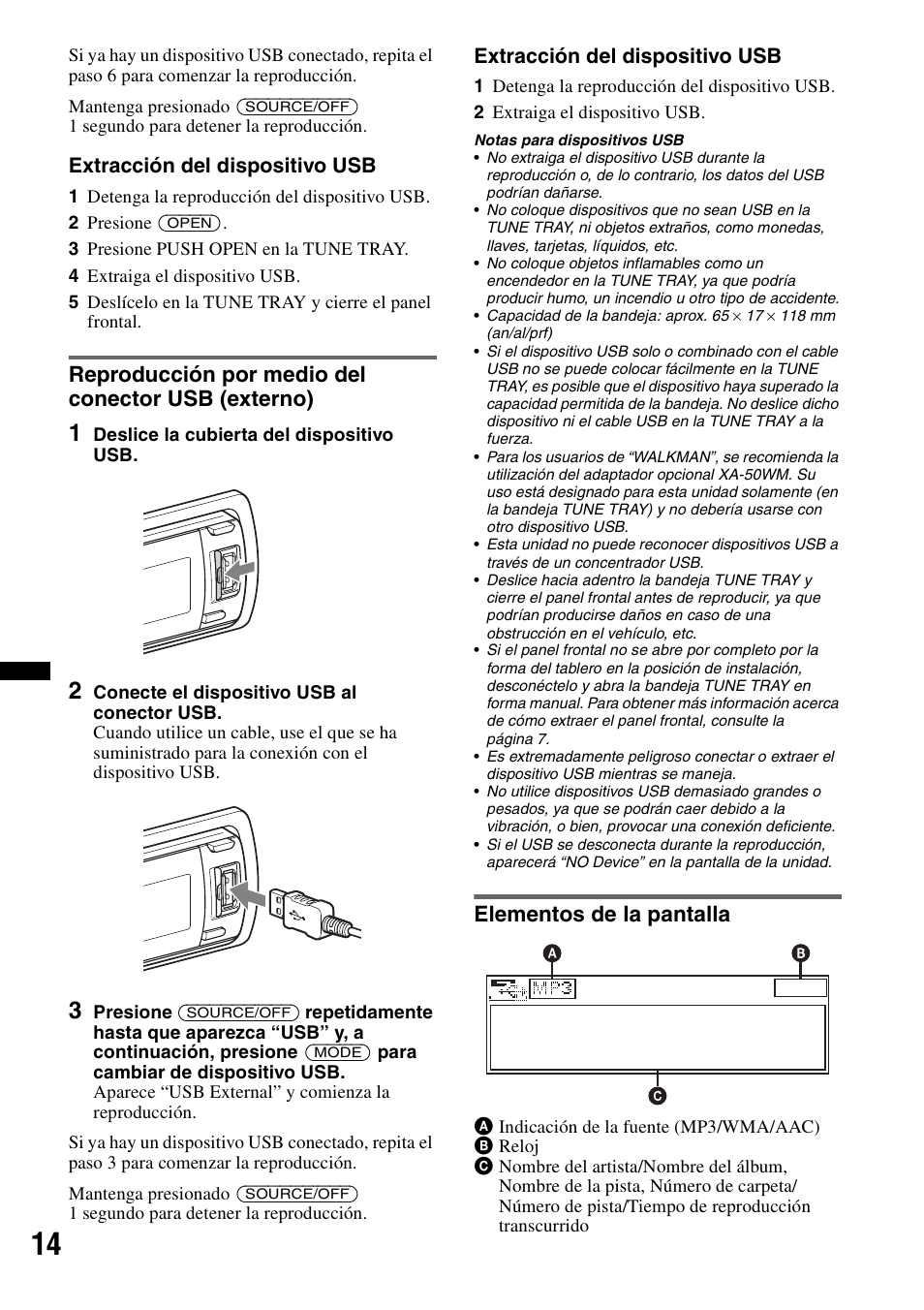 Reproducción por medio del conector usb (externo), Elementos de la pantalla | Sony DSX-S210X User Manual | Page 48 / 72