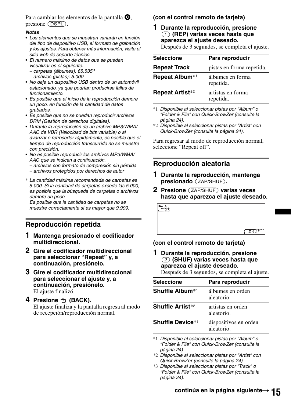 Reproducción repetida, Reproducción aleatoria, Reproducción repetida reproducción aleatoria | Sony DSX-S210X User Manual | Page 49 / 72