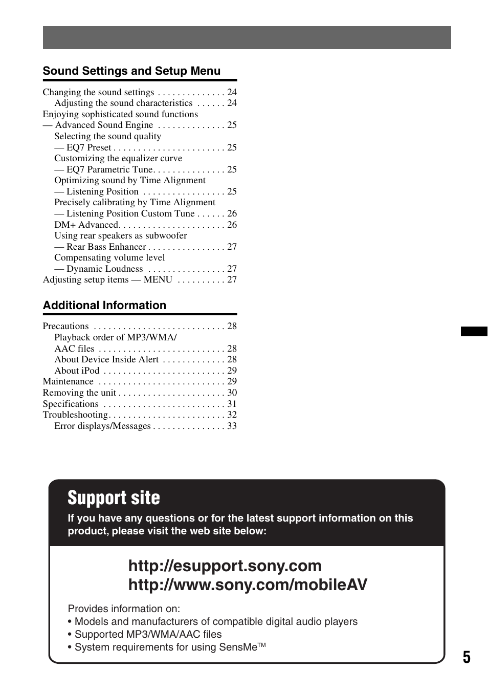 Support site | Sony DSX-S210X User Manual | Page 5 / 72