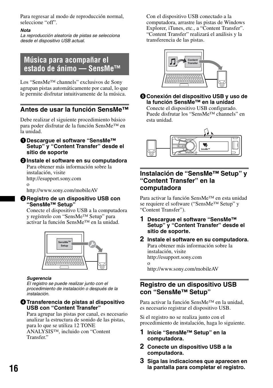 Música para acompañar el estado de ánimo - sensme, Antes de usar la función sensme, Registro de un dispositivo usb con “sensme™ setup | Música para acompañar el estado de ánimo — sensme | Sony DSX-S210X User Manual | Page 50 / 72