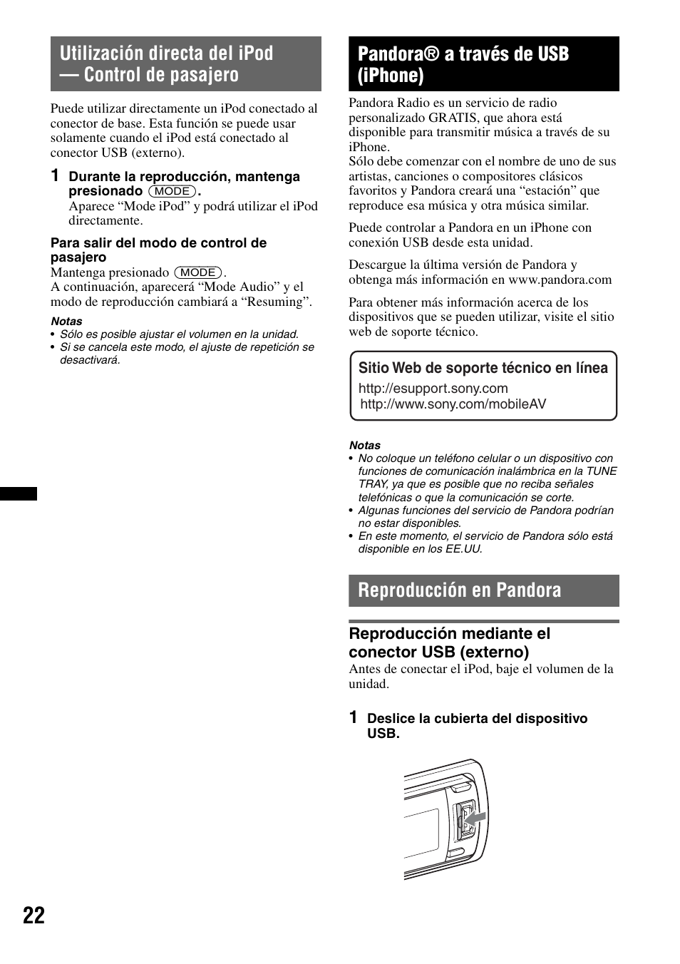 Utilización directa del ipod - control de pasajero, Pandora® a través de usb (iphone), Reproducción en pandora | Reproducción mediante el conector usb (externo), Utilización directa del ipod — control de pasajero | Sony DSX-S210X User Manual | Page 56 / 72