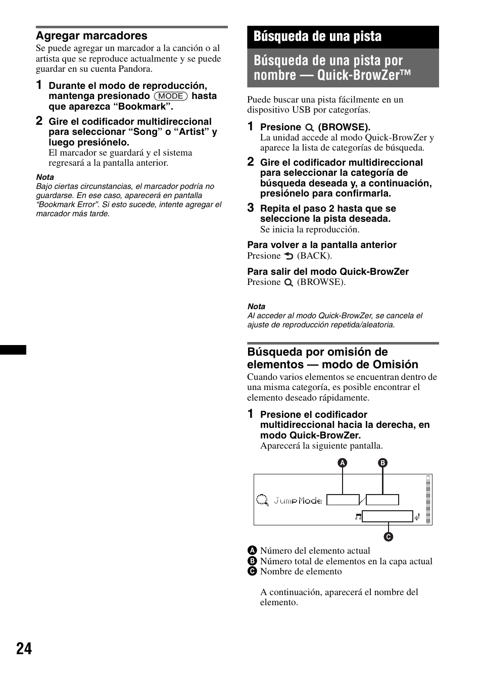 Agregar marcadores, Búsqueda de una pista, Búsqueda de una pista por nombre - quick-browzer | Búsqueda de una pista por nombre — quick-browzer | Sony DSX-S210X User Manual | Page 58 / 72