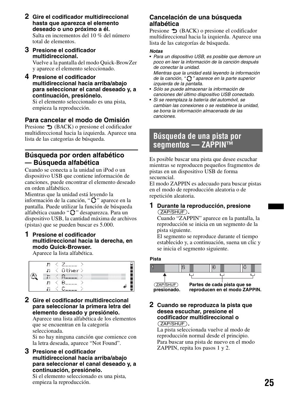 Búsqueda de una pista por segmentos - zappin, Búsqueda de una pista por segmentos — zappin | Sony DSX-S210X User Manual | Page 59 / 72