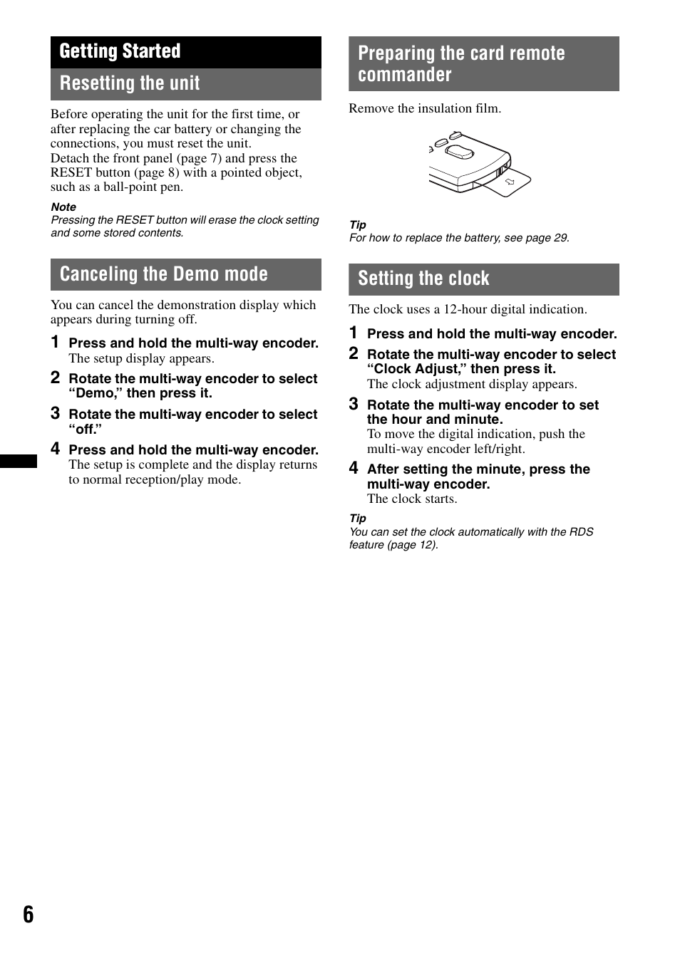 Getting started, Resetting the unit, Canceling the demo mode | Preparing the card remote commander, Setting the clock, Getting started resetting the unit | Sony DSX-S210X User Manual | Page 6 / 72