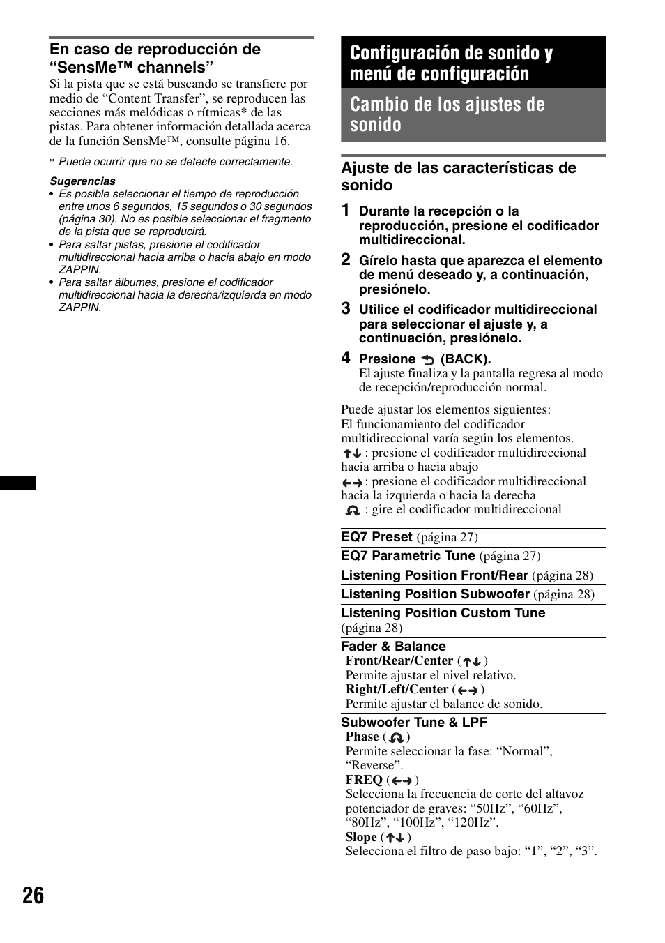 En caso de reproducción de “sensme™ channels, Configuración de sonido y menú de configuración, Cambio de los ajustes de sonido | Ajuste de las características de sonido | Sony DSX-S210X User Manual | Page 60 / 72
