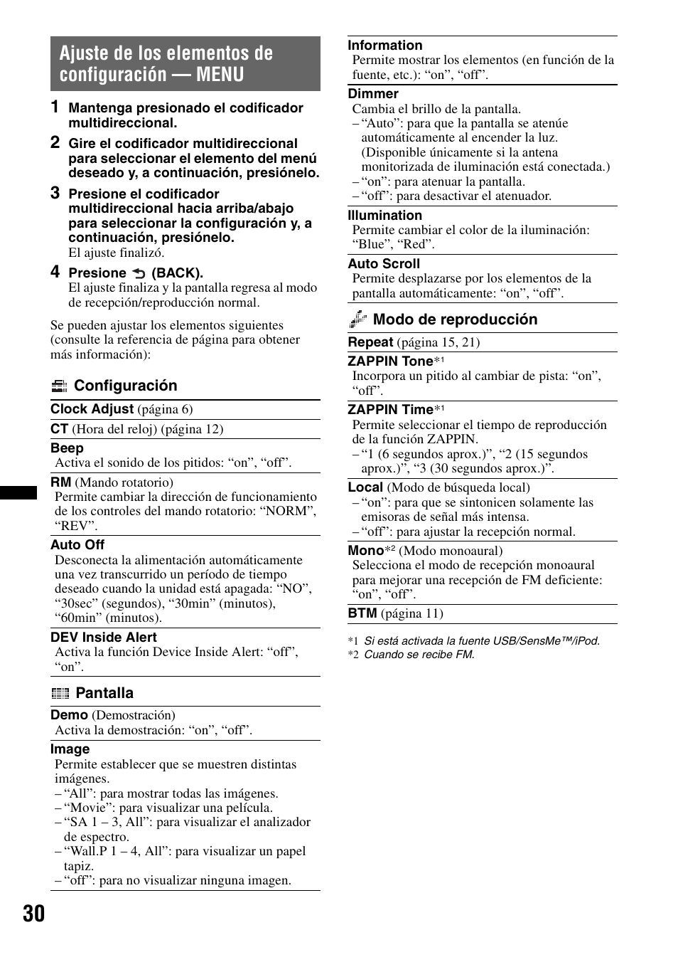 Ajuste de los elementos de configuración - menu, Ajuste de los elementos de configuración — menu | Sony DSX-S210X User Manual | Page 64 / 72
