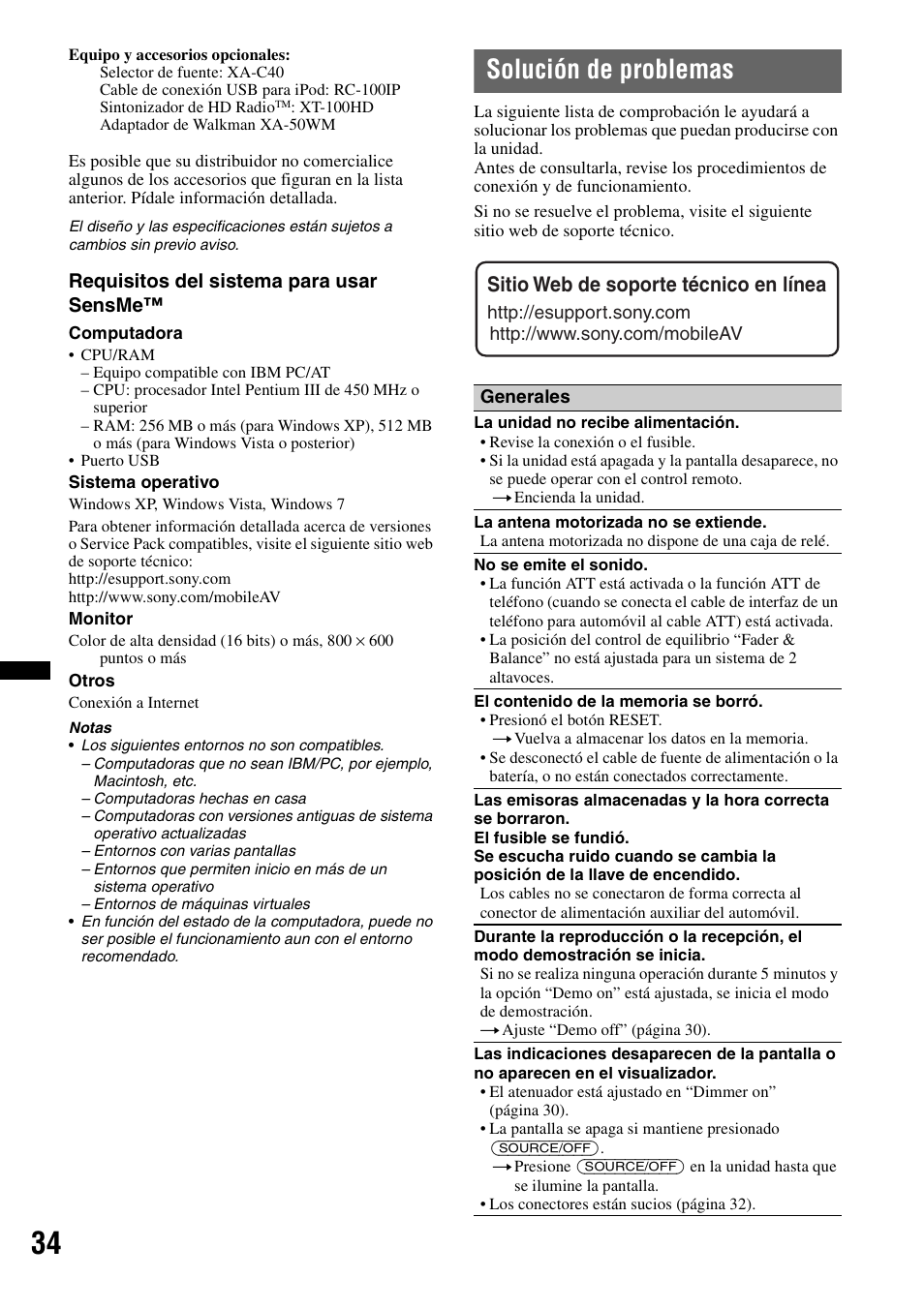 Solución de problemas, Sitio web de soporte técnico en línea, Requisitos del sistema para usar sensme | Sony DSX-S210X User Manual | Page 68 / 72