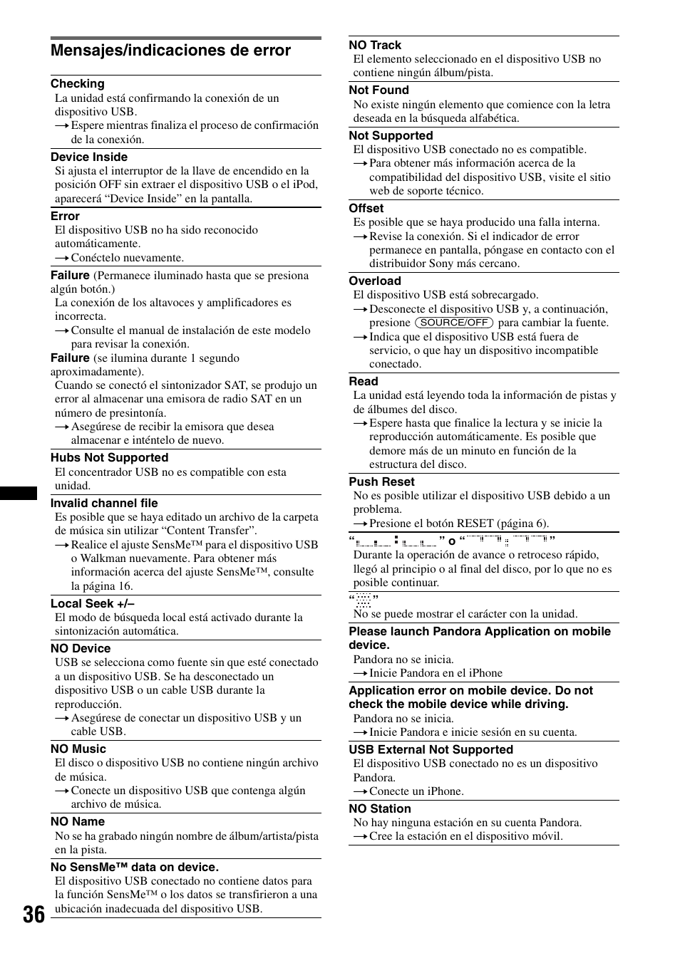 Mensajes/indicaciones de error | Sony DSX-S210X User Manual | Page 70 / 72