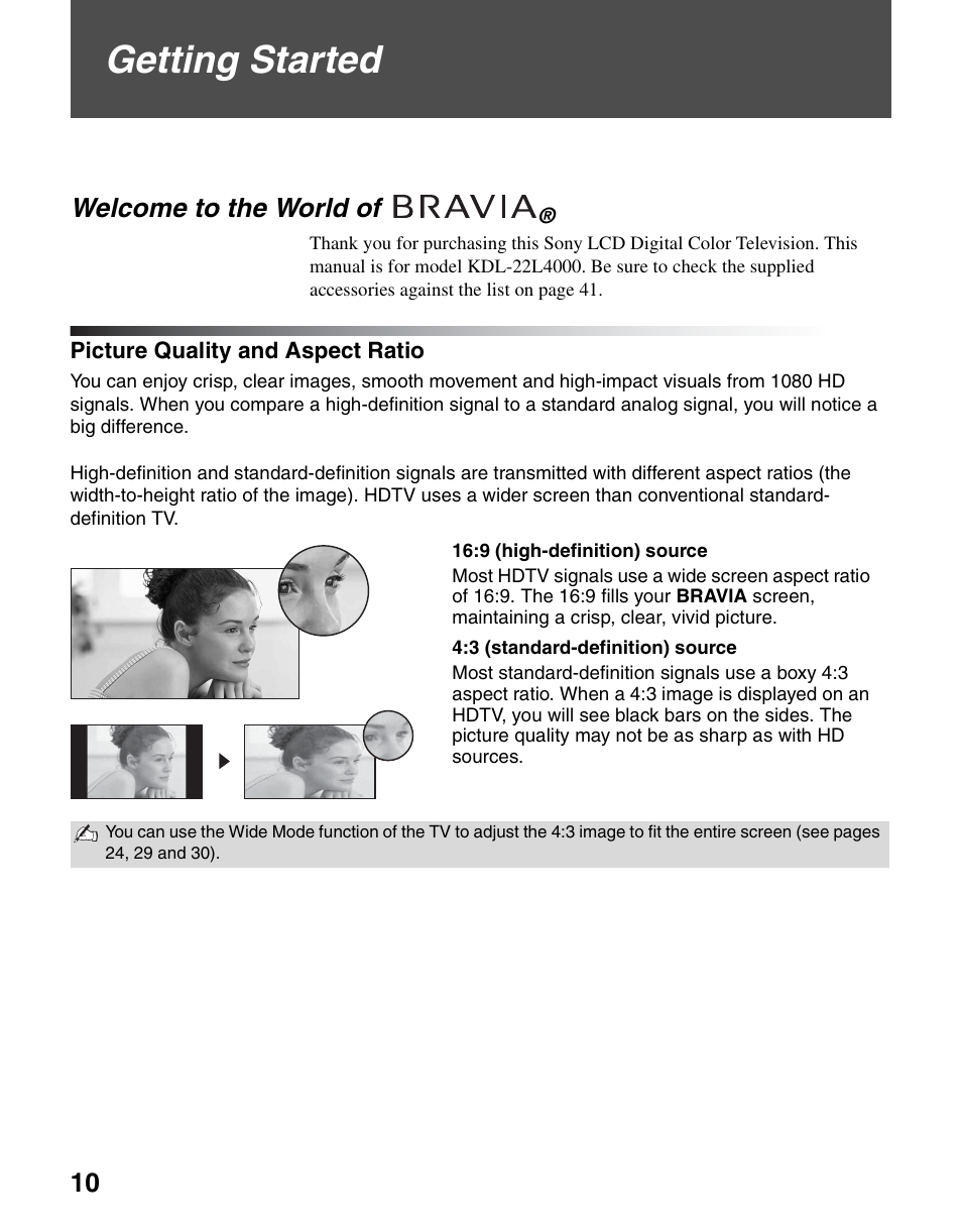 Getting started, Welcome to the world of bravia, Picture quality and aspect ratio | Welcome to the world of | Sony KDL-22L4000 User Manual | Page 10 / 44