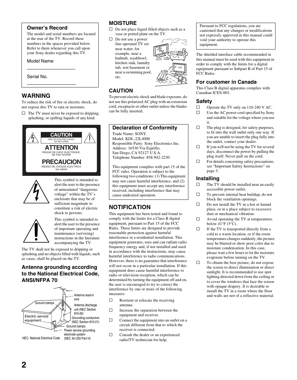 Attention, Precaucion, Warning | Notification, Caution, For customer in canada, Safety, Installing, Owner’s record, Declaration of conformity | Sony KDL-22L4000 User Manual | Page 2 / 44