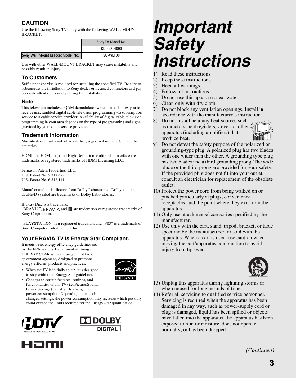 Important safety instructions | Sony KDL-22L4000 User Manual | Page 3 / 44