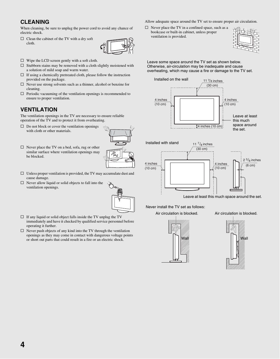 Cleaning, Ventilation | Sony KDL-22L4000 User Manual | Page 4 / 44