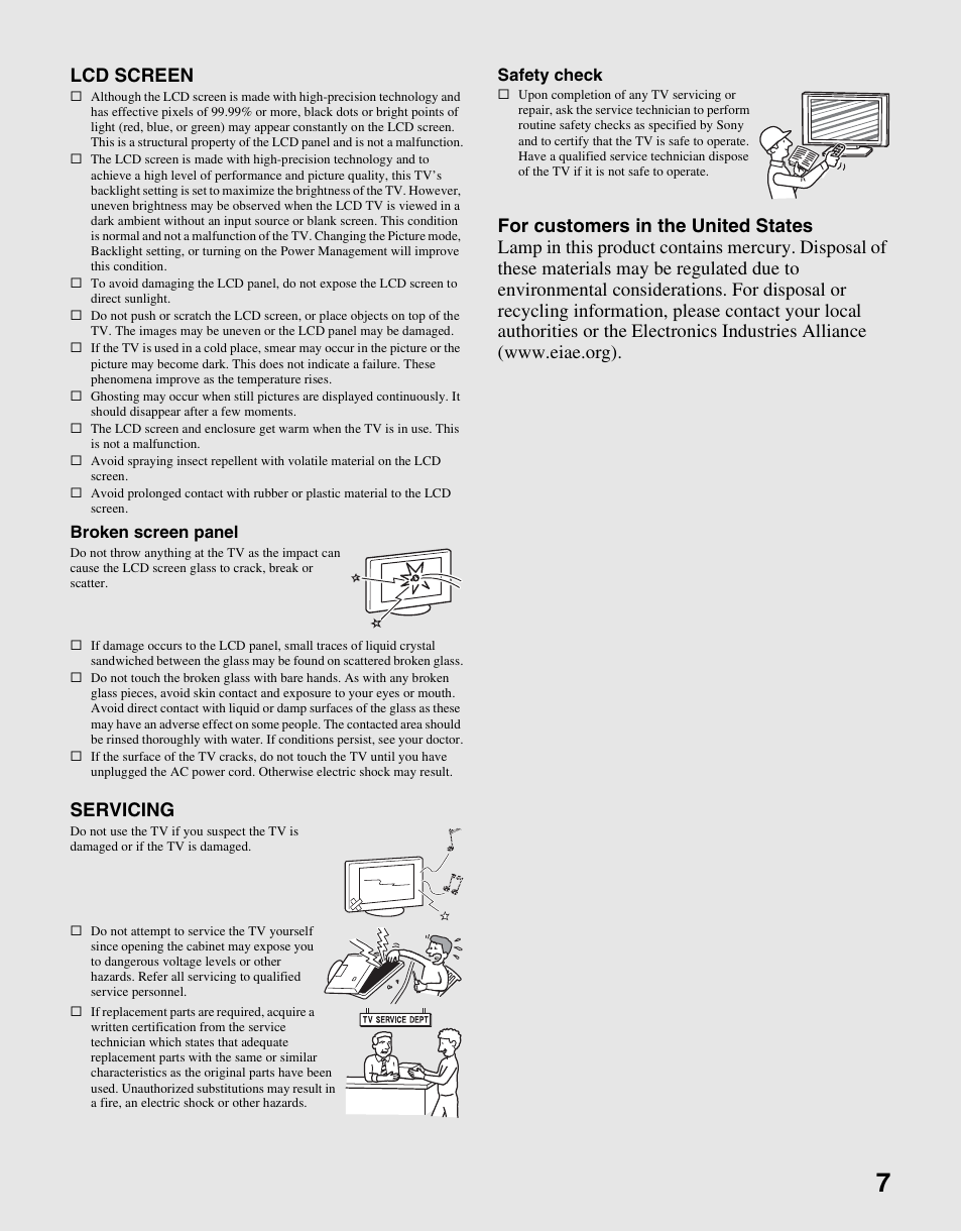 Lcd screen, Servicing | Sony KDL-22L4000 User Manual | Page 7 / 44