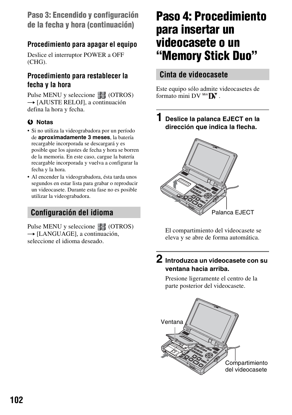 Configuración del idioma, Cinta de videocasete | Sony GV-HD700 User Manual | Page 102 / 108