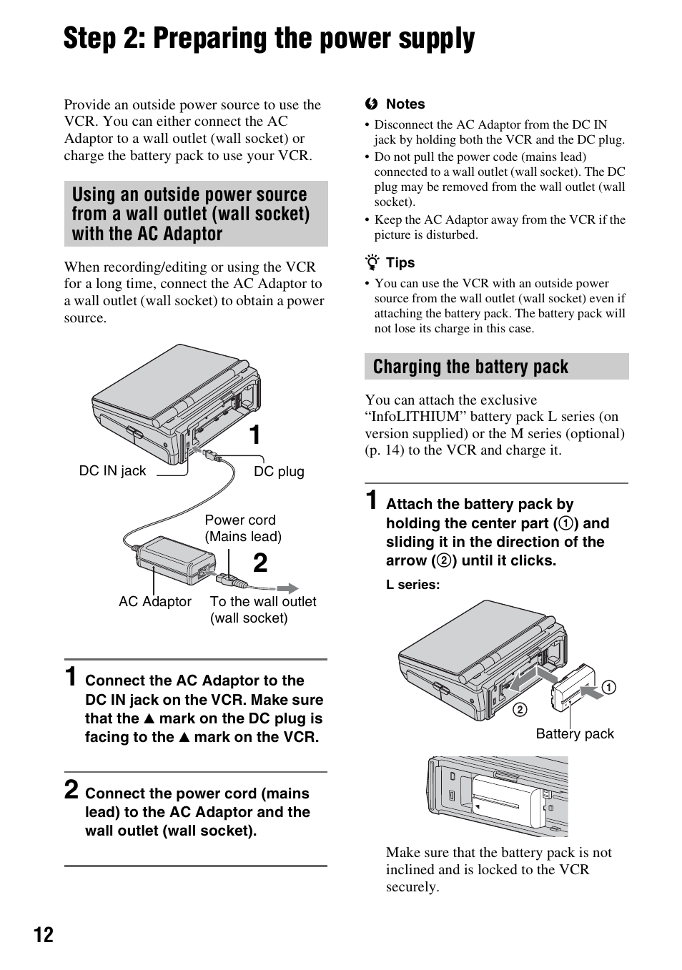 Step 2: preparing the power supply, P. 12), P. 12 | Sony GV-HD700 User Manual | Page 12 / 108