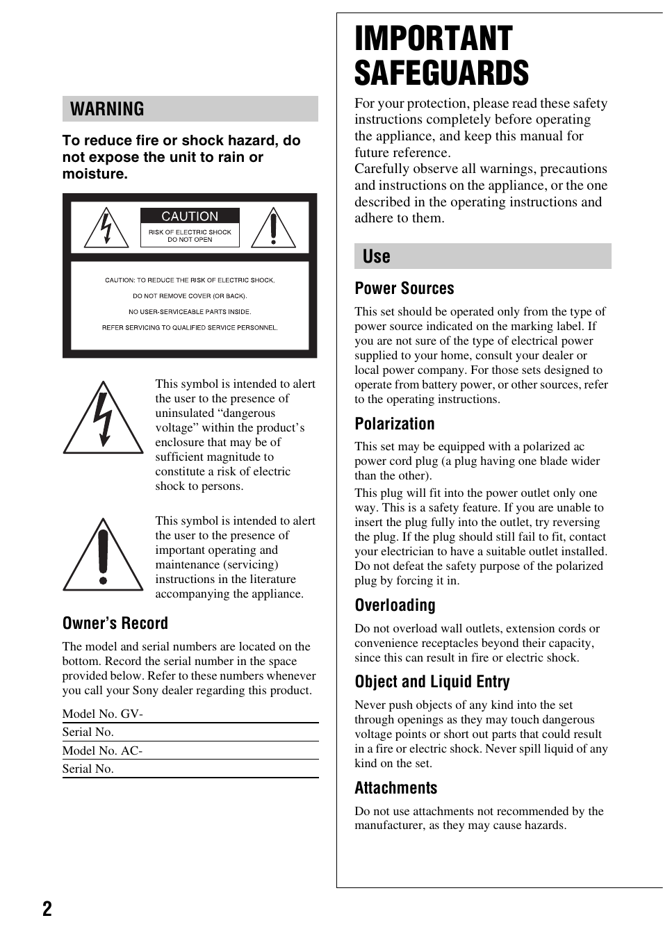 Important safeguards, Warning | Sony GV-HD700 User Manual | Page 2 / 108