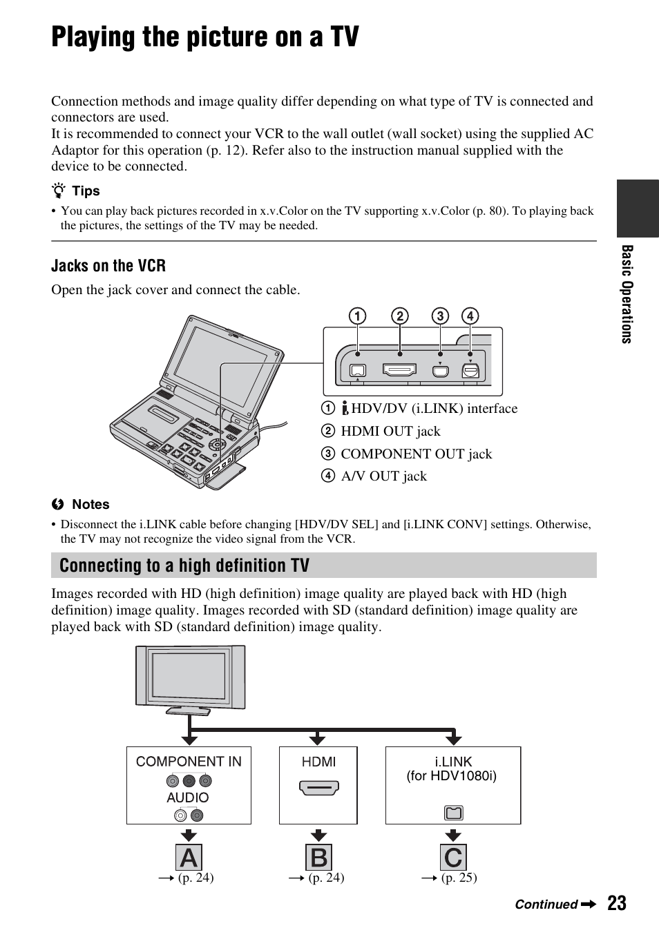 Playing the picture on a tv, P. 23, 25, E (1) (p. 23 | Connecting to a high definition tv | Sony GV-HD700 User Manual | Page 23 / 108