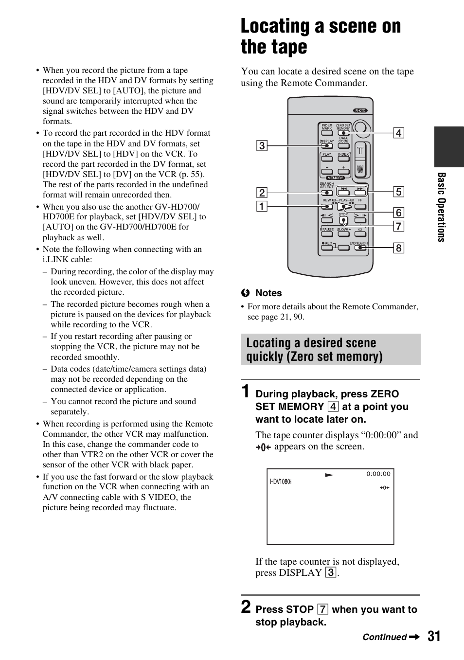 Locating a scene on the tape, Locating a desired scene quickly (zero set memory), Locating a desired scene quickly | Zero set memory) | Sony GV-HD700 User Manual | Page 31 / 108