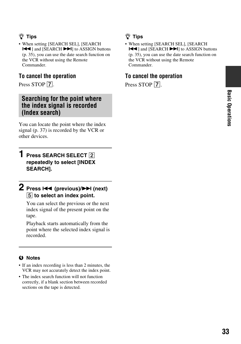 Searching for the point where the, Index signal is recorded (index search) | Sony GV-HD700 User Manual | Page 33 / 108